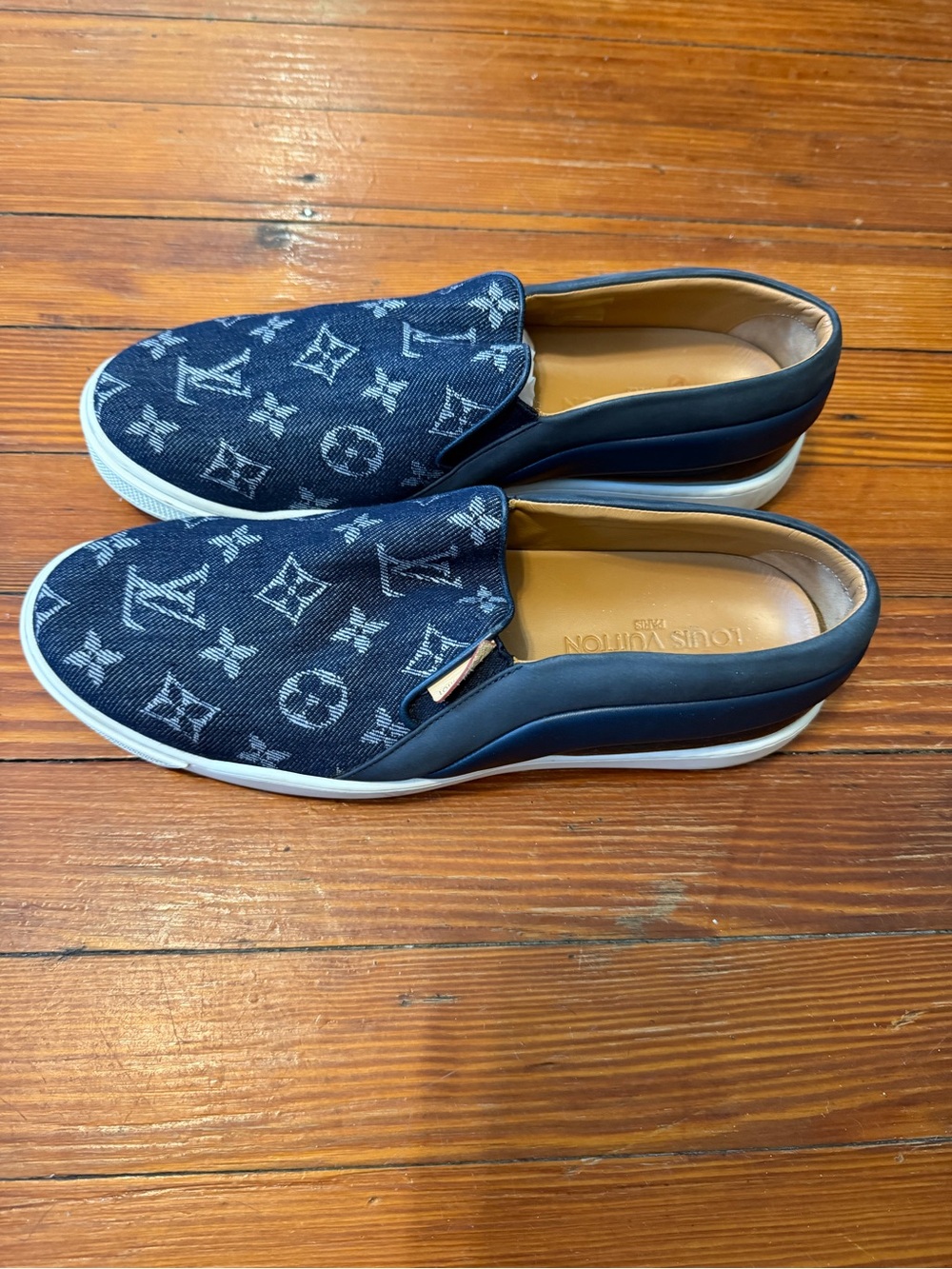 Authentic Louis Vuitton Navy Denim Monogram Slip-On Sneakers Size 39